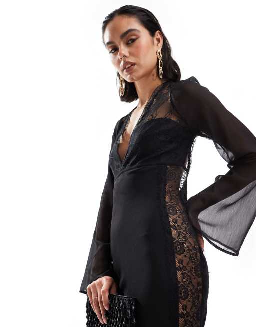 ASOS DESIGN Vestito lungo nero in misto chiffon e pizzo con cut