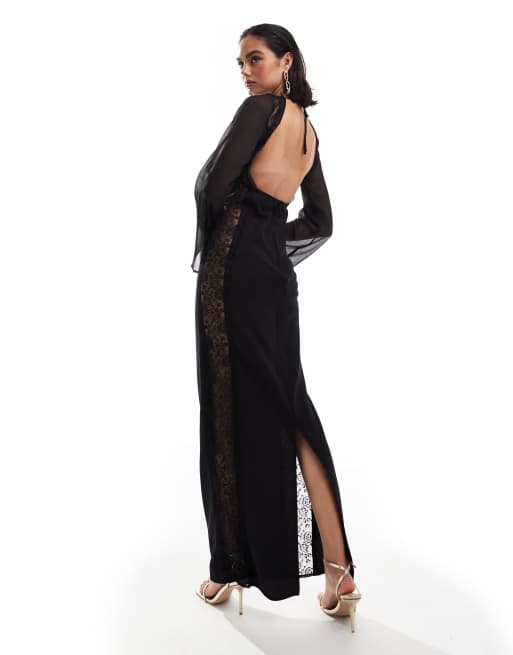 ASOS DESIGN Vestito lungo nero in misto chiffon e pizzo con cut out e taglio sbieco ASOS