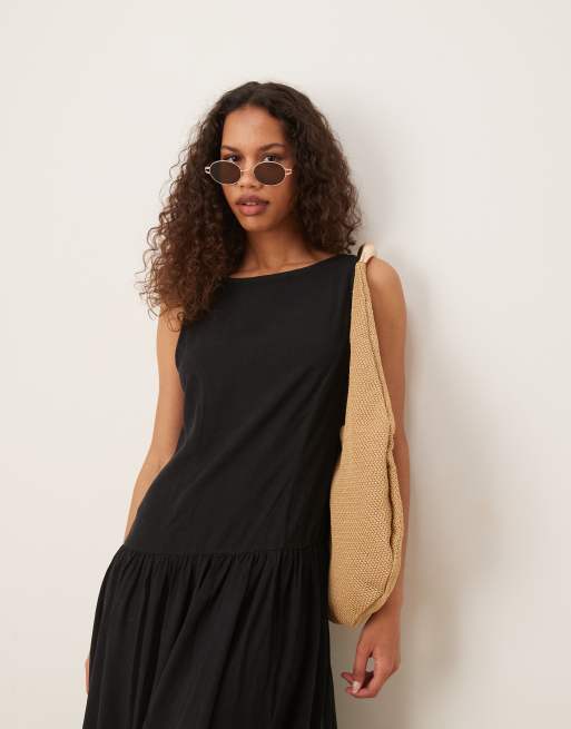 ASOS DESIGN Vestito lungo nero in misto lino con vita scesa e