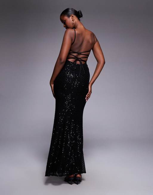 ASOS DESIGN - Vestito lungo nero in paillettes con decorazione a griglia e allacciatura, 2 di 4