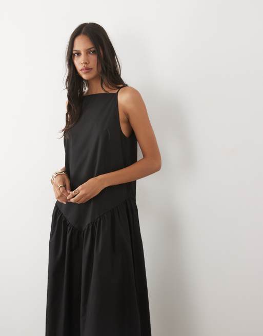 ASOS DESIGN - Vestito lungo nero in popeline con scollo dritto e vita scesa, 2 di 4