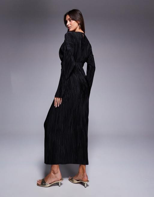 ASOS DESIGN - Vestito lungo nero plissé accollato a maniche lunghe avvolgente in vita, 3 di 4