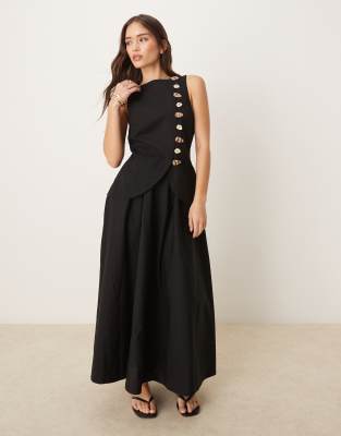 DESIGN - Vestito lungo in misto lino marrone con spalline sottili