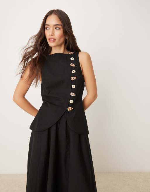 ASOS DESIGN - Vestito lungo nero stile gilet effetto lino con gonna in popeline, 3 di 4