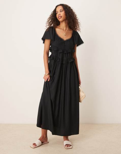 ASOS DESIGN - Vestito lungo nero stretto in vita con maniche con volant - view 1