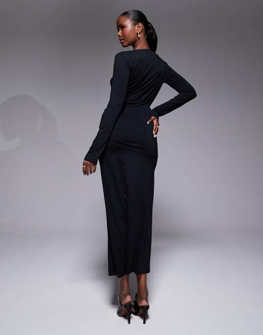 ASOS DESIGN - Vestito lungo nero stretto in vita con spacco sul davanti, 2 di 4