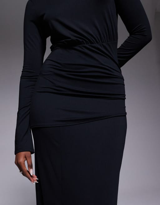 ASOS DESIGN - Vestito lungo nero stretto in vita con spacco sul davanti, 3 di 4