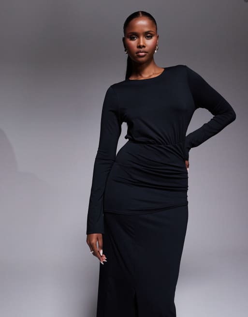 ASOS DESIGN - Vestito lungo nero stretto in vita con spacco sul davanti, 4 di 4