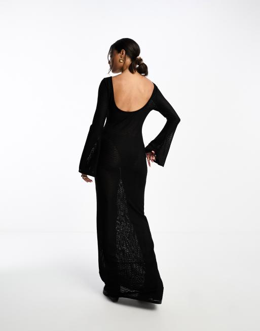 ASOS DESIGN - Vestito lungo nero testurizzato trasparente con scollo profondo sul retro e maniche a pipistrello, 3 di 4