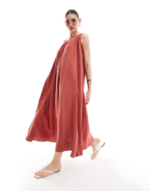 ASOS DESIGN - Vestito lungo oversize senza maniche color ruggine a pieghe