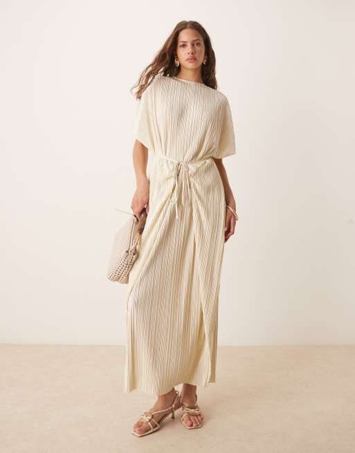 ASOS DESIGN - Vestito lungo plissé a maniche corte color limone con design a portafoglio allacciato in vita