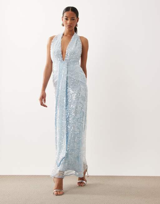 ASOS DESIGN - Vestito lungo plissé allacciato al collo con scollo profondo celeste con paillettes e dettaglio foulard, 2 di 4