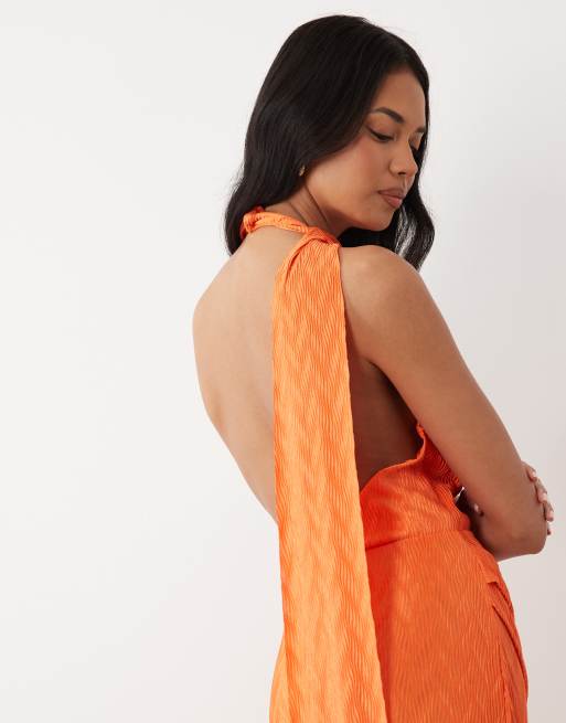 ASOS DESIGN - Vestito lungo plissé arancione a zig-zag con collo a sciarpa, 3 di 4