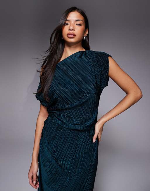 ASOS DESIGN - Vestito lungo plissé color smeraldo con arricciatura laterale, 2 di 4