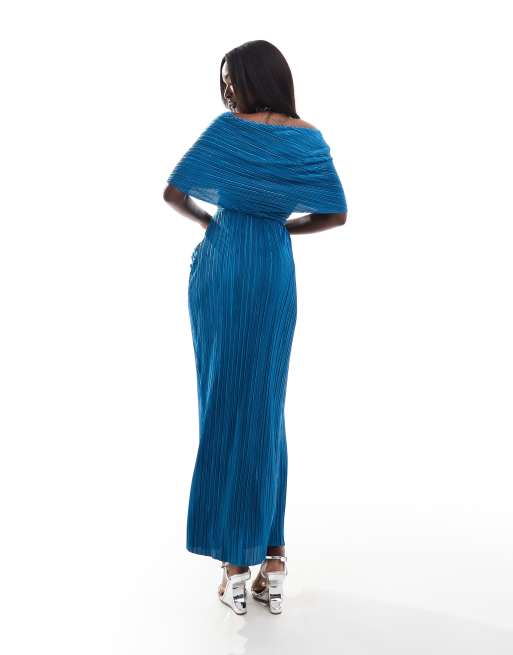 ASOS DESIGN - Vestito lungo plissé due in uno con spalla scesa blu petrolio, 2 di 4