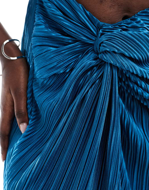 ASOS DESIGN - Vestito lungo plissé due in uno con spalla scesa blu petrolio, 3 di 4
