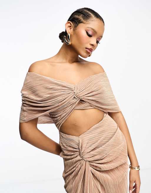 ASOS DESIGN - Vestito lungo plissé due in uno con spalla scesa color pietra