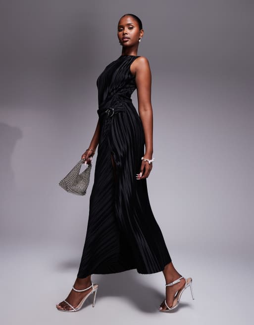ASOS DESIGN - Vestito lungo plissè nero con spacco sulla coscia e finiture argento, 4 di 4