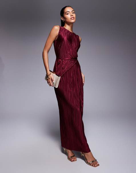 ASOS DESIGN - Vestito lungo plissé senza maniche color vinaccia con parte anteriore a portafoglio con allacciatura - view 1