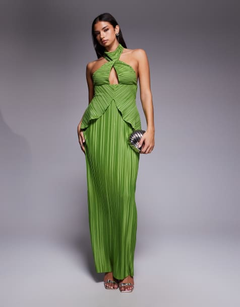 ASOS DESIGN - Vestito lungo plissé verde con scollo intrecciato - view 1