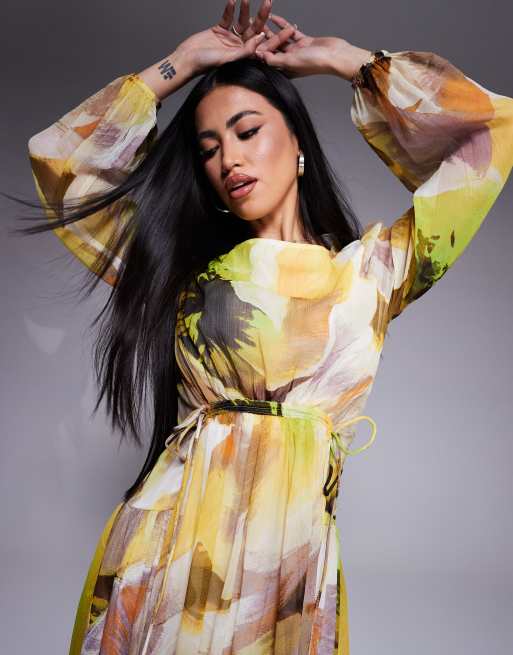 ASOS DESIGN - Vestito lungo plumetis con stampa oversize a fiori e coulisse, 2 di 4