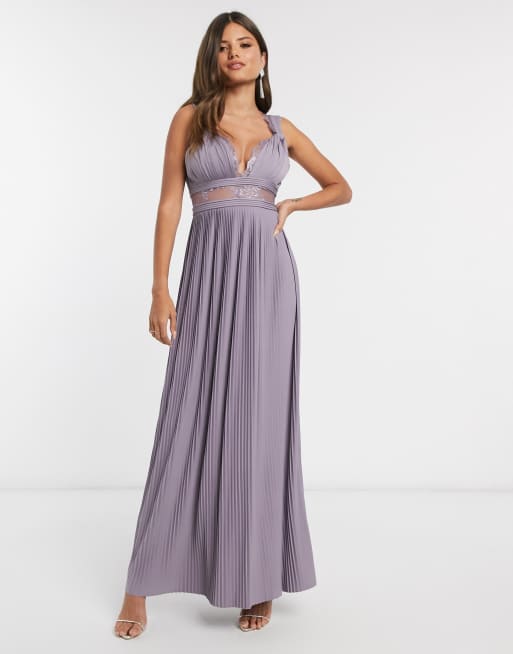 ASOS DESIGN - Vestito lungo premium con inserti in pizzo e spalline con intreccio color melanzana