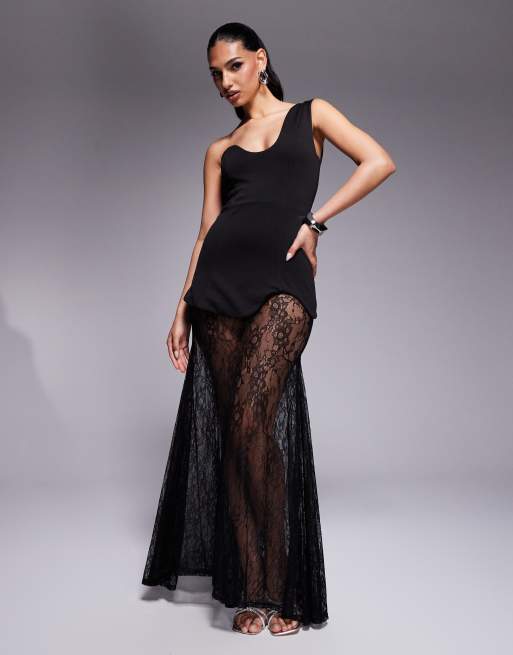 ASOS DESIGN - Vestito lungo premium in tessuto scuba nero con scollo asimmetrico e gonna in pizzo a contrasto
