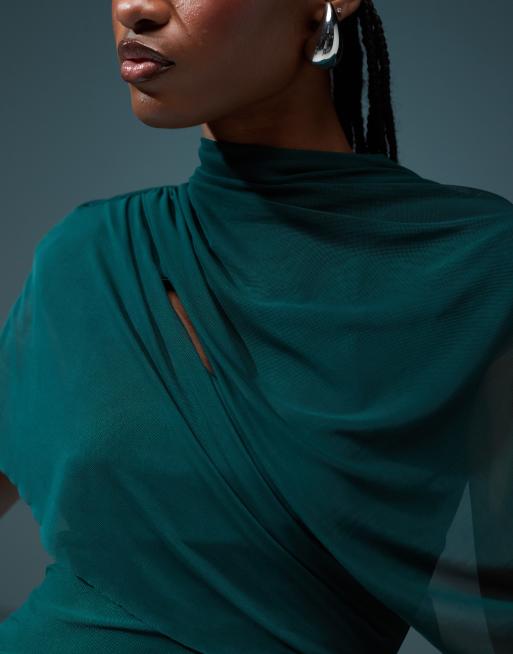 ASOS DESIGN - Vestito lungo premium verde bosco drappeggiato in rete con spalline imbottite, 4 di 4