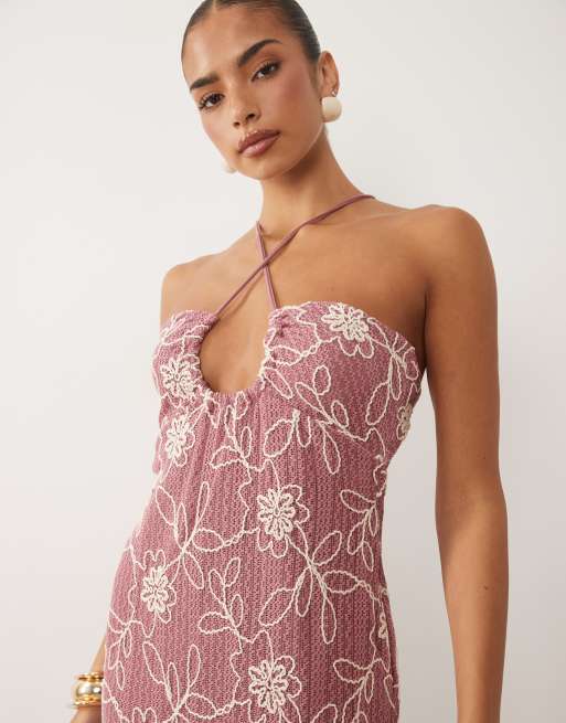 ASOS DESIGN - Vestito lungo rosa all'uncinetto ricamato con scollo rotondo a U, 2 di 4