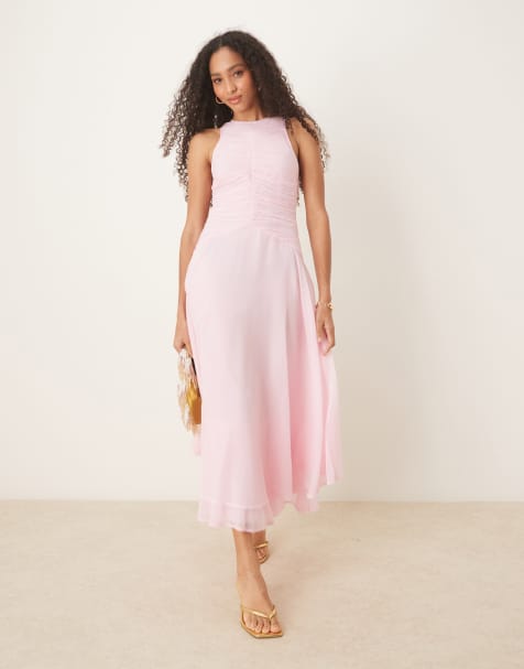 ASOS DESIGN - Vestito lungo rosa chiaro con corpetto increspato con scollo a vogatore e vita scesa - view 1