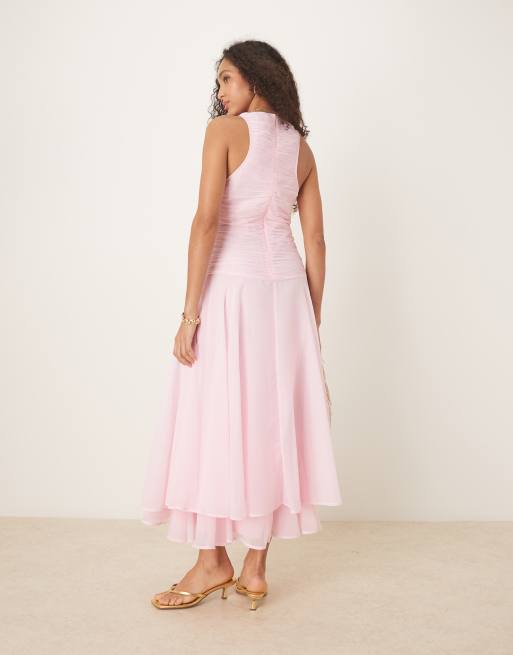 ASOS DESIGN - Vestito lungo rosa chiaro con corpetto increspato con scollo a vogatore e vita scesa, 4 di 4