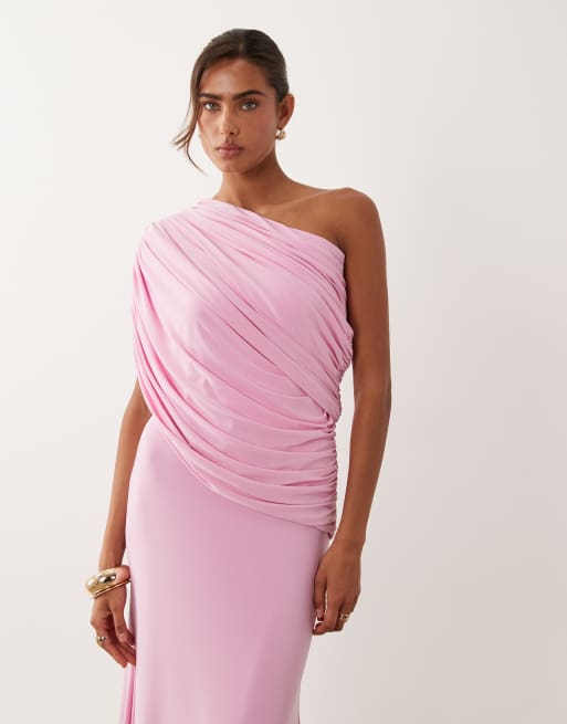 ASOS DESIGN - Vestito lungo rosa con corpino avvolgente, spalle scoperte e strascico, 4 di 4