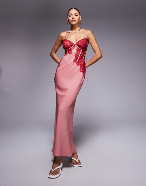ASOS DESIGN - Vestito lungo rosa con dettaglio strutturato in pizzo stile corsetto - view 1