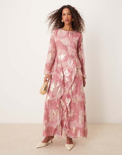ASOS DESIGN - Vestito lungo rosa con fiori metallizzati e volant sul fondo - view 1