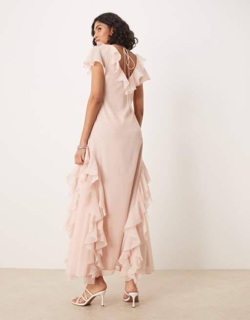 ASOS DESIGN - Vestito lungo rosa crepuscolare ricamato con volant e maniche a pipistrello, 2 di 4