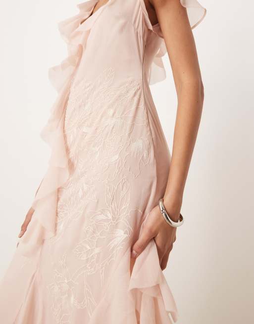 ASOS DESIGN - Vestito lungo rosa crepuscolare ricamato con volant e maniche a pipistrello, 3 di 4