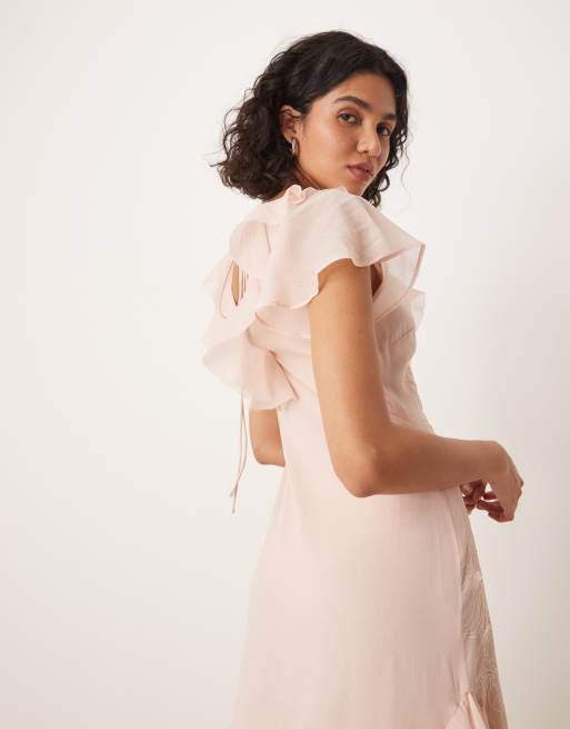 ASOS DESIGN - Vestito lungo rosa crepuscolare ricamato con volant e maniche a pipistrello, 4 di 4