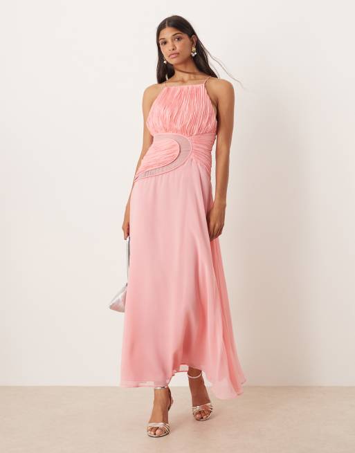 ASOS DESIGN - Vestito lungo rosa in tessuto stropicciato strutturato con cut-out, 2 di 4