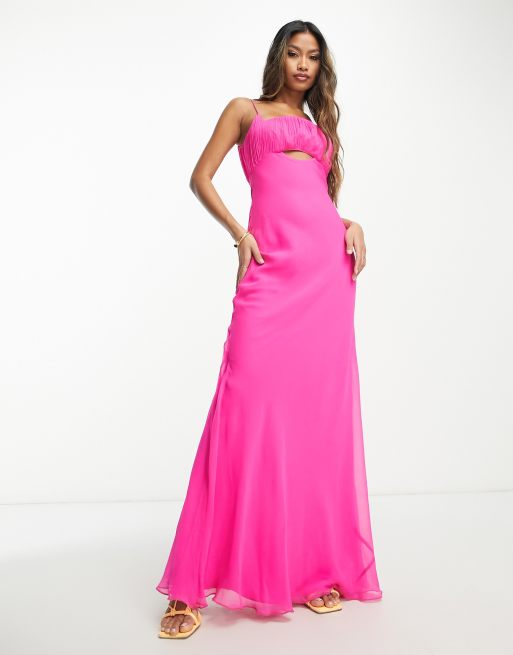 ASOS DESIGN - Vestito lungo rosa intenso arricciato con taglio sbieco