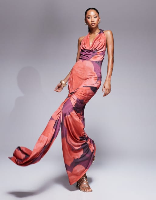 ASOS DESIGN - Vestito lungo rosa scuro a fiori con scollo ad anello e dettaglio avvolgente in vita