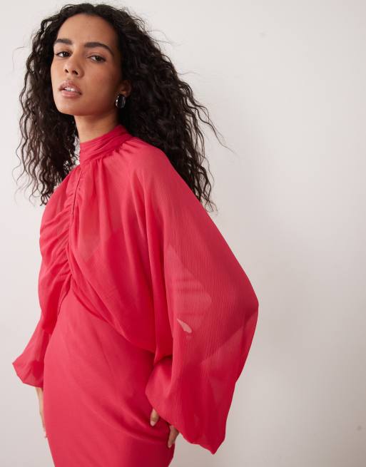 ASOS DESIGN - Vestito lungo rosa stile sottoveste con spalline sottili e strato sovrapposto con apertura a goccia e maniche a campana, 3 di 4