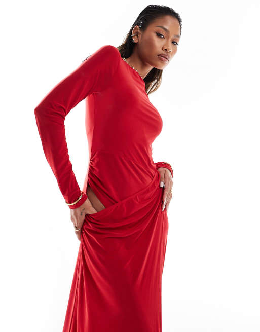 ASOS DESIGN Vestito lungo rosso a maniche lunghe con dettaglio stile pareo e cut out ASOS