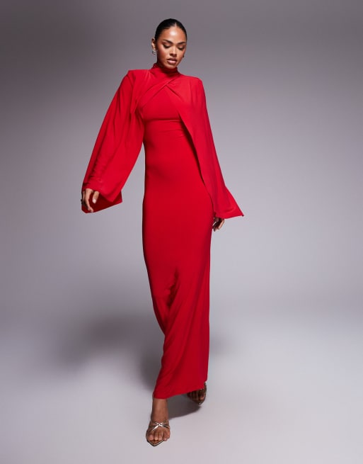 ASOS DESIGN Vestito lungo rosso accollato a maniche lunghe con