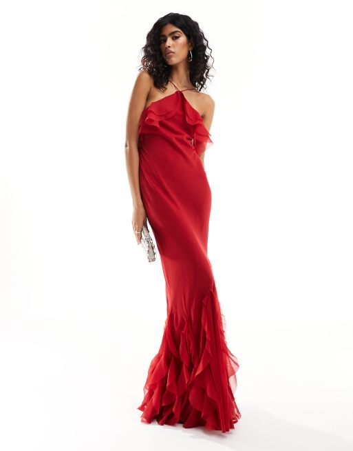 ASOS DESIGN Vestito lungo rosso allacciato al collo con volant e taglio sbieco