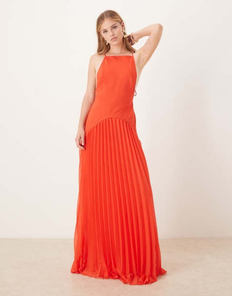 ASOS DESIGN - Vestito lungo rosso con gonne a pieghe, vita scesa e scollo squadrato - view 1