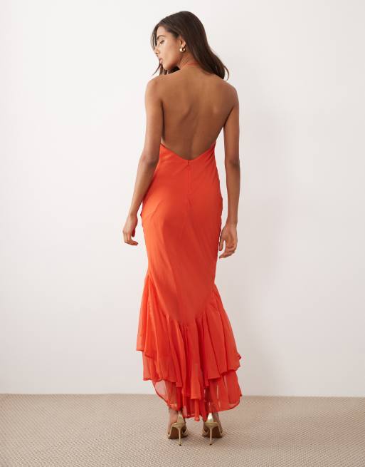 ASOS DESIGN - Vestito lungo rosso con spalline sottili e gonna a sirena con volant, 4 di 4