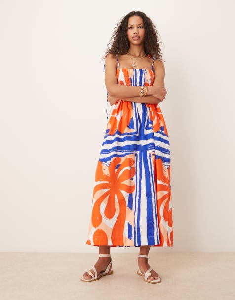 ASOS DESIGN - Vestito lungo rosso e blu con stampa astratta in rasatello di cotone con bustino arricciato - view 1