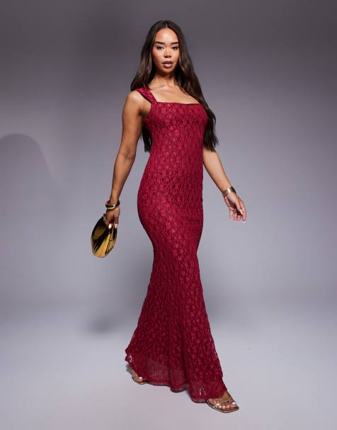 ASOS DESIGN - Vestito lungo rosso in pizzo con spalline ampie - view 1