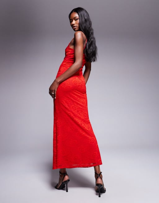 ASOS DESIGN - Vestito lungo rosso in pizzo senza maniche con spalline sottili e scollo rotondo, 2 di 4