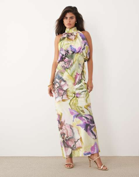 ASOS DESIGN - Vestito lungo sblusato allacciato al collo in raso con stampa floreale effetto dipinto - view 1